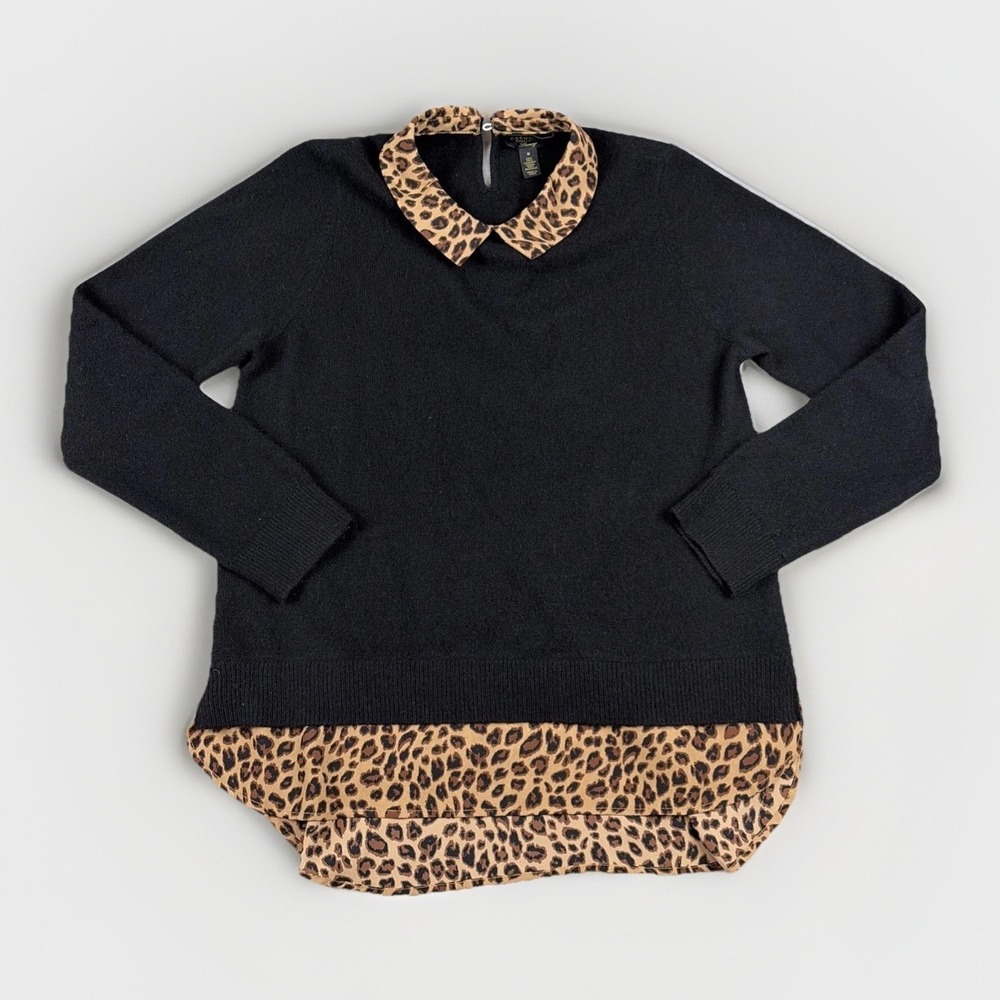 Charter Club Luxury Sweater Womens M Black Cashmere Leopard Print Layered Top